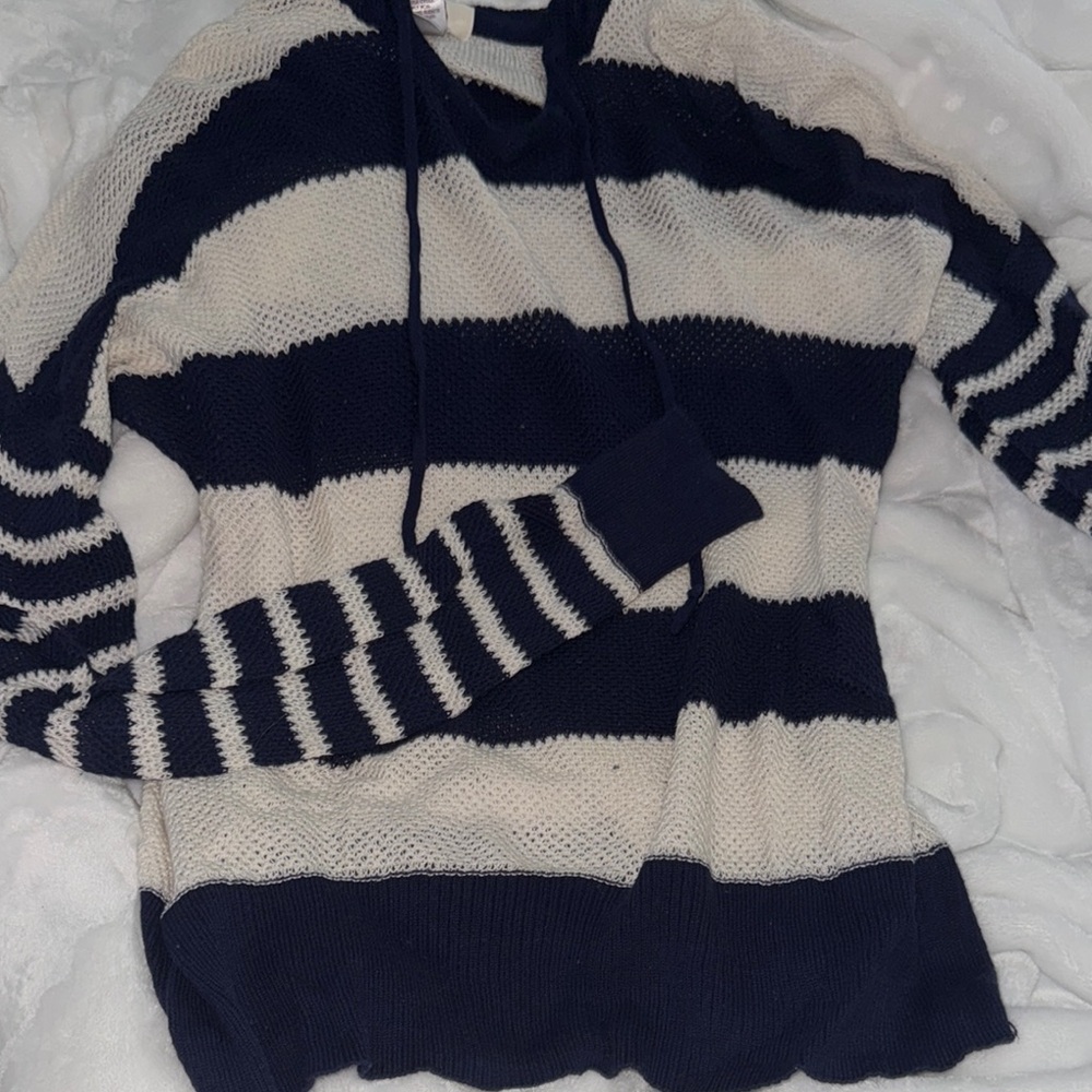 Hooded Navy and White Striped Women's Sweater. Size L
